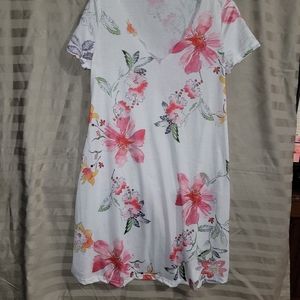 White Dress with floral print fabric is soft & stretchy, Scolloped neck, Size L